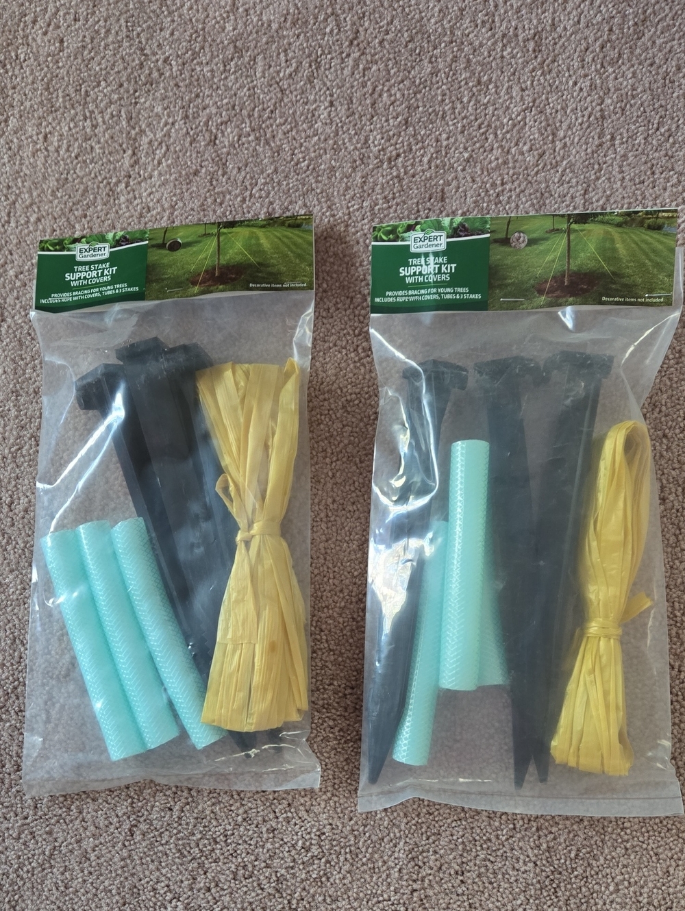 Two Tree Stake Support Kit with Yellow Ties and Teal Protectors
